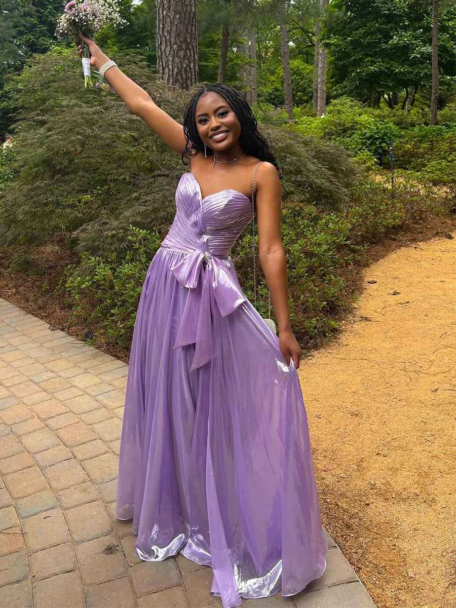 Lilac Metallic Strapless A-Line Prom Dress with Bow