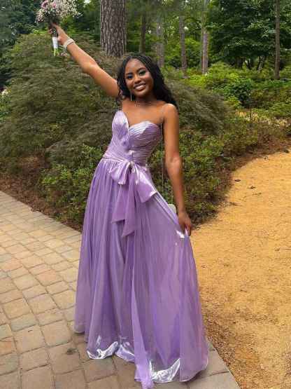 Lilac Metallic Strapless A-Line Prom Dress with Bow