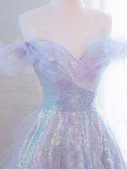 Lilac Off The Shoulder Sequins Ruffle Tulle Boho Prom Dress