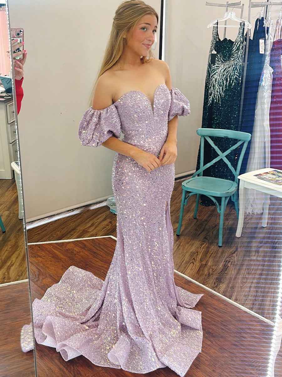 Lilac Sequin Off-the-Shoulder Puff Sleeve Prom Dress