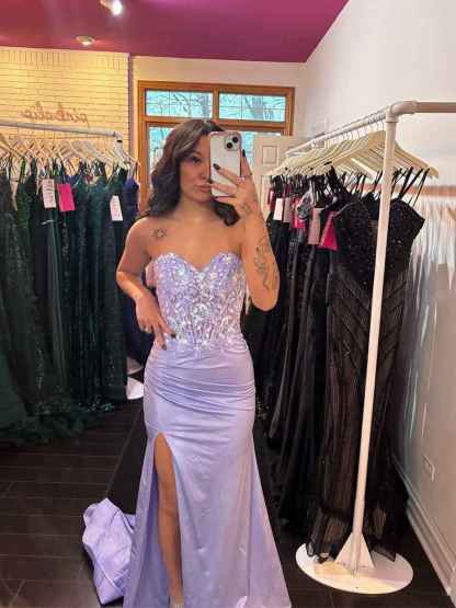 Lilac Strapless Floral Lace Corset Prom Dress with High Slit