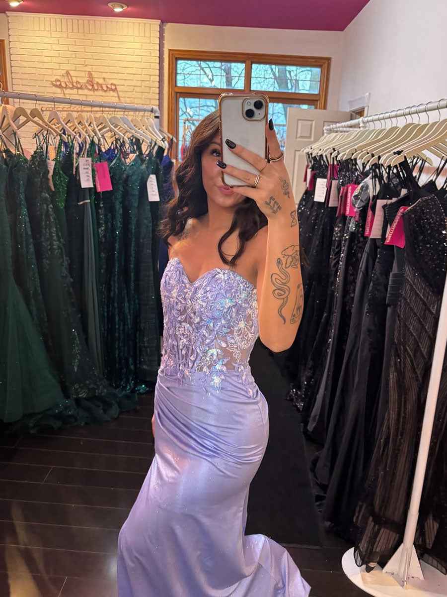 Lilac Strapless Floral Lace Corset Prom Dress with High Slit