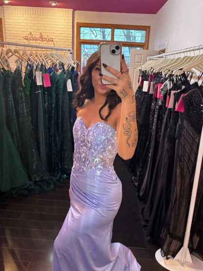 Lilac Strapless Floral Lace Corset Prom Dress with High Slit