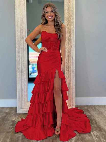 Pink Mermaid Strapless Satin Tiered Long Prom Dress with Sequins