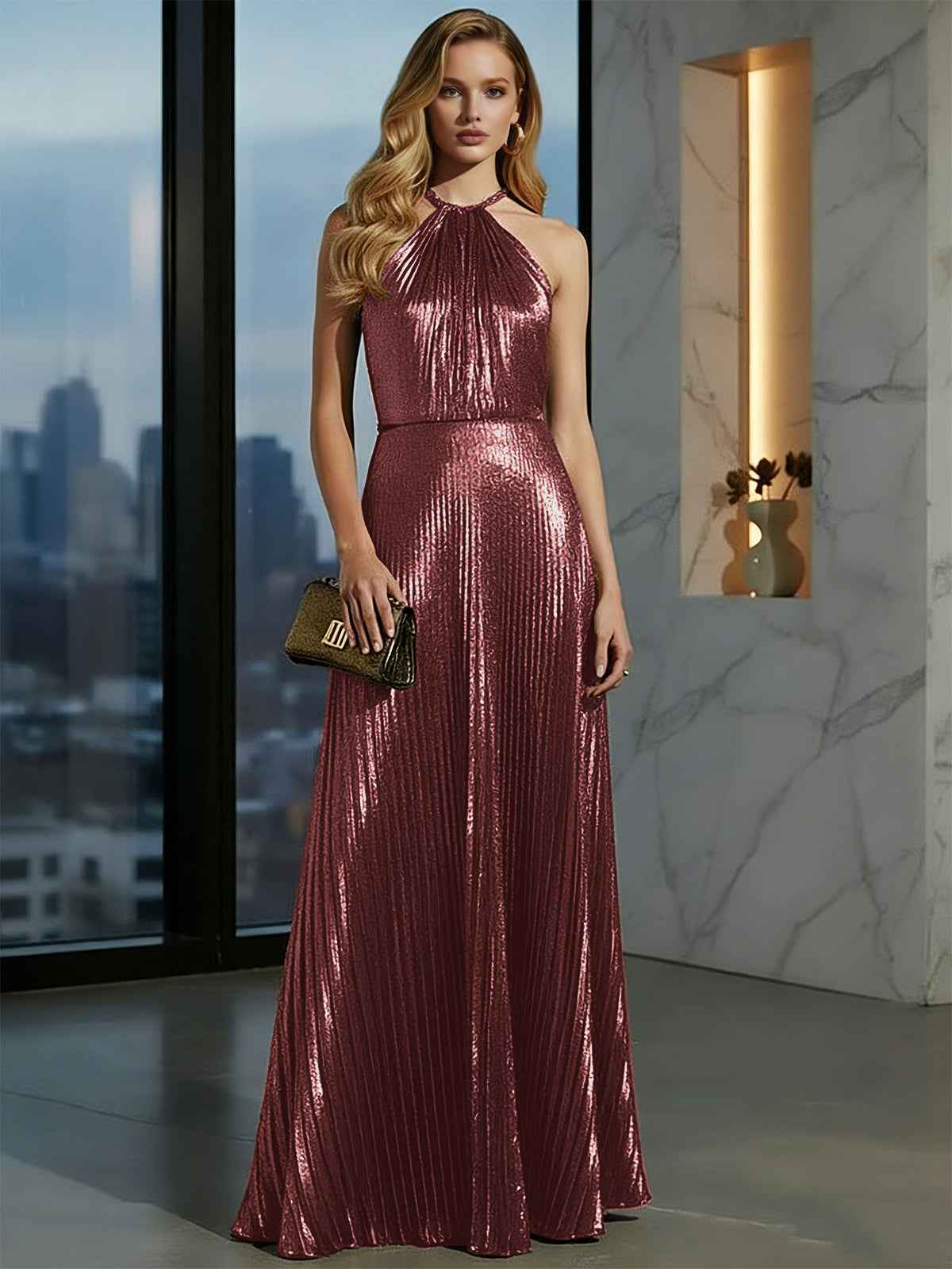 Luxurious Champagne-Gold Pleated Halter Long Prom Dress
