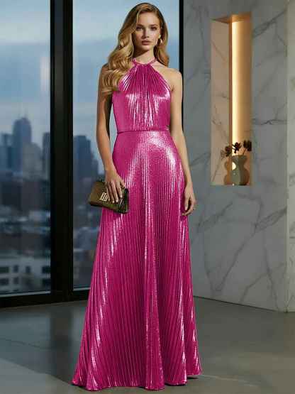Luxurious Champagne-Gold Pleated Halter Long Prom Dress
