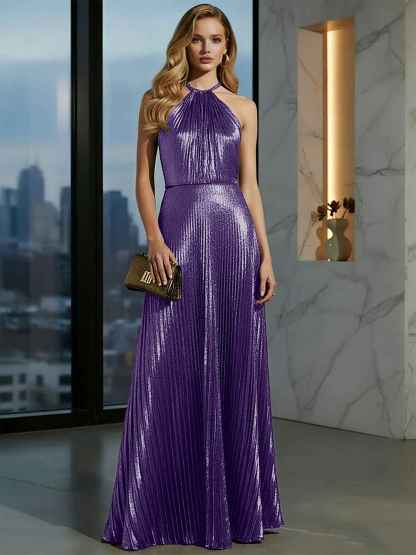 Luxurious Champagne-Gold Pleated Halter Long Prom Dress