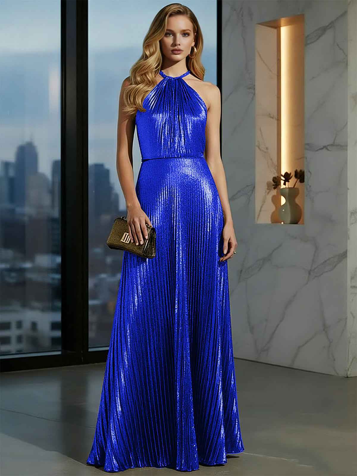 Luxurious Champagne-Gold Pleated Halter Long Prom Dress