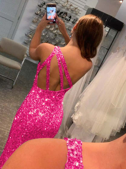 Long One-Shoulder Sequin Prom Dress with Sweep Train for Women
