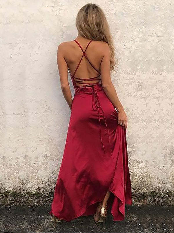 Long Spaghetti-Strap Silk-Like Satin Prom Dress for Women