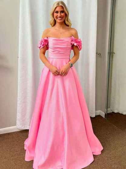 Pink A-Line Off The Shoulder Pleated Satin Long Prom Dress