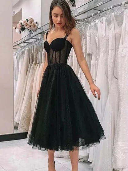 Sweetheart Black Tea-Length A-Line Cocktail Dresses in Tulle
