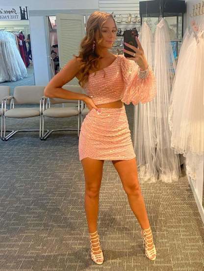 Two-Piece Homecoming Dress with Pink Beaded One-Shoulder Long Sleeves and Sequins