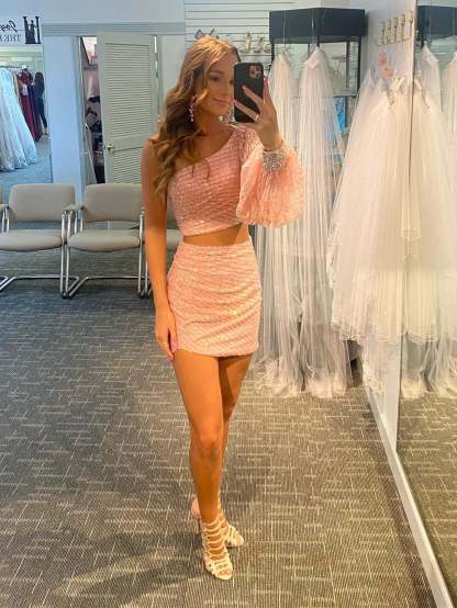 Two-Piece Homecoming Dress with Pink Beaded One-Shoulder Long Sleeves and Sequins