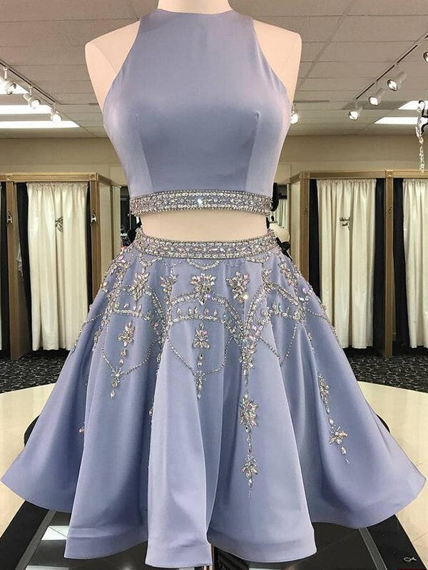 Sleeveless Two-Piece A-Line Homecoming Dress with Beading and Bateau Neckline