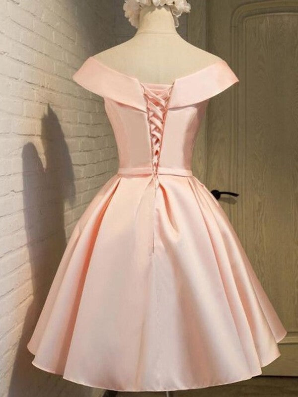 Sleeveless Off-the-Shoulder A-Line Satin Homecoming Dresses Featuring Sash/Ribbon/Belt