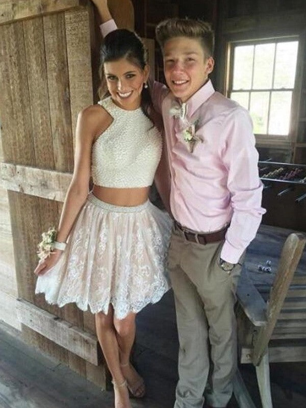 Two-Piece Halter A-Line Homecoming Dresses with Beading and Sleeveless Appliques