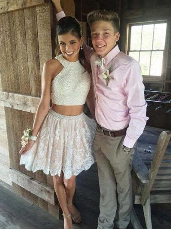 Two-Piece Halter A-Line Homecoming Dresses with Beading and Sleeveless Appliques