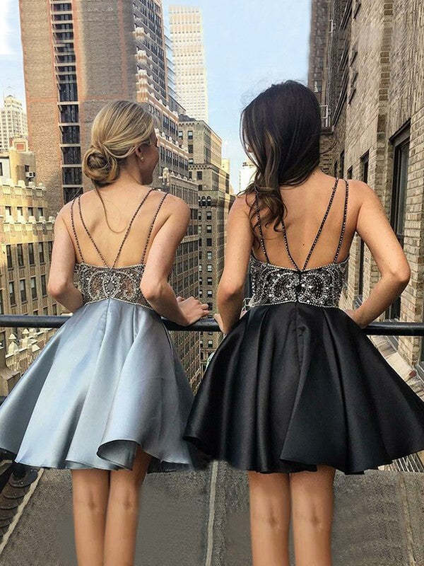 Sleeveless Satin A-Line V-Neck Homecoming Dress with Beading