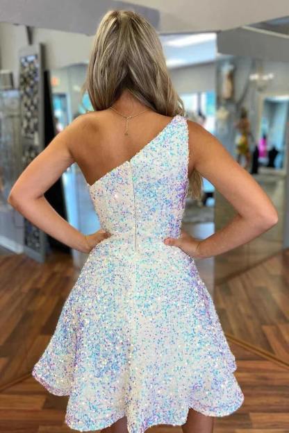One-Shoulder A-Line Sequined Ruffled Homecoming Dress