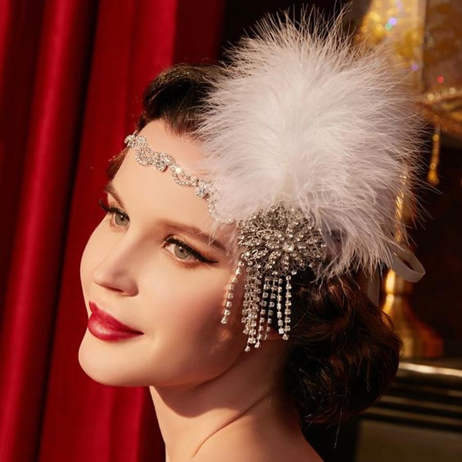 Classic Vintage Rhinestone Floral Feather Tassel Headpiece