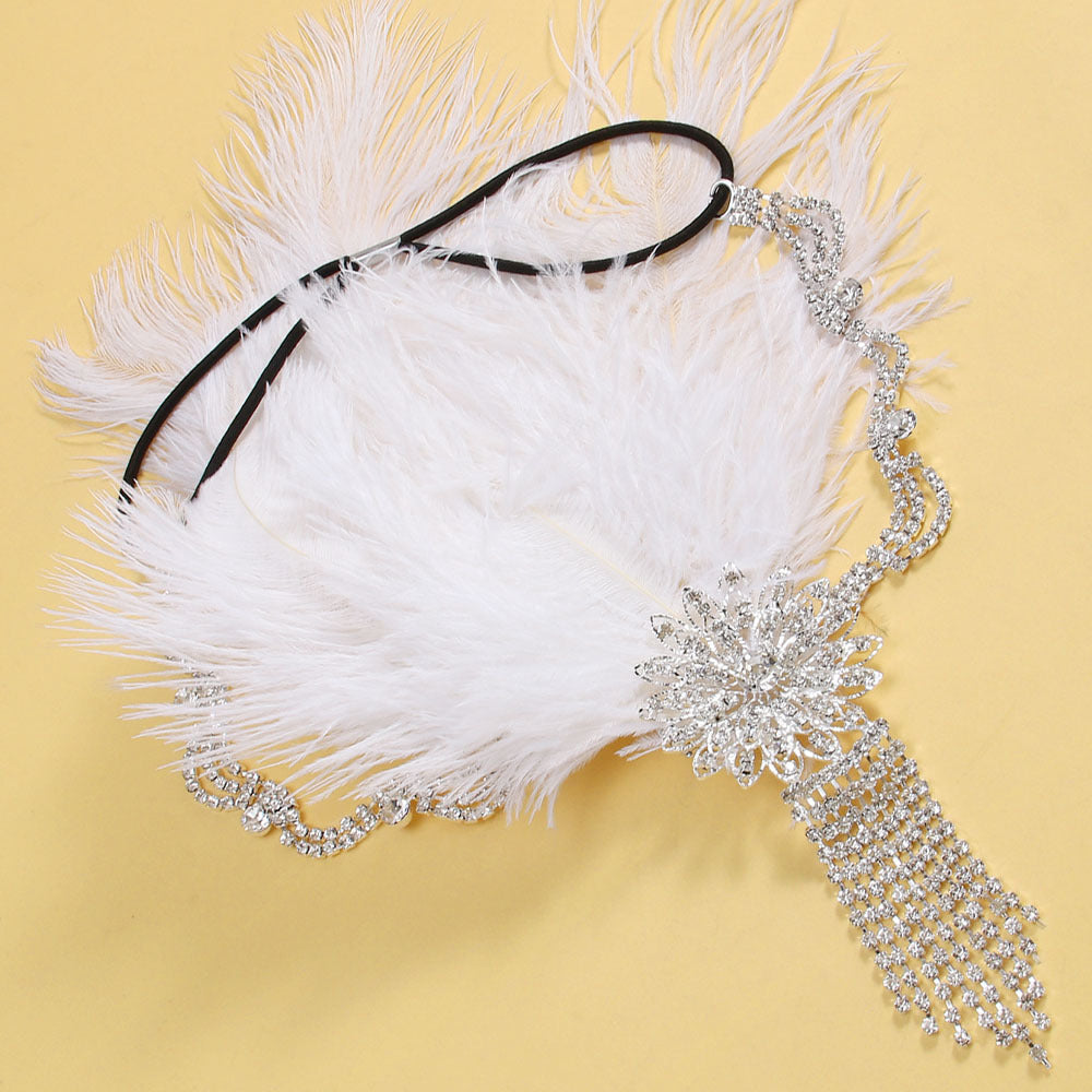 Classic Vintage Rhinestone Floral Feather Tassel Headpiece