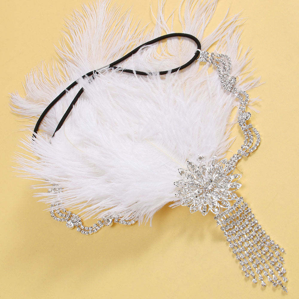 Classic Vintage Rhinestone Floral Feather Tassel Headpiece