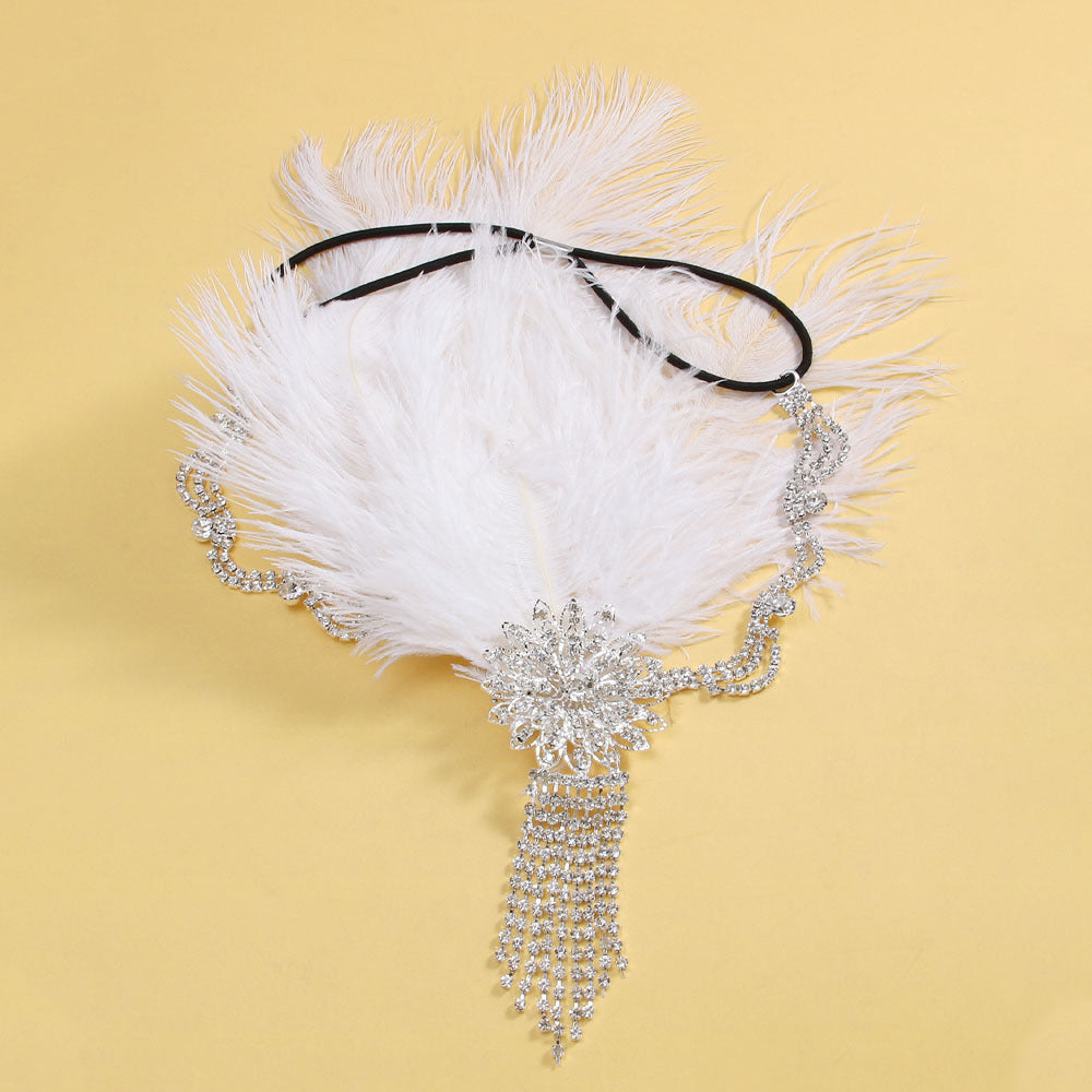 Classic Vintage Rhinestone Floral Feather Tassel Headpiece