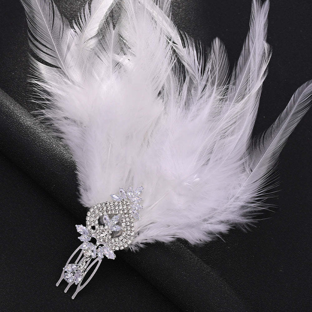 Elegant Vintage Rhinestone Feather Comb Headpiece