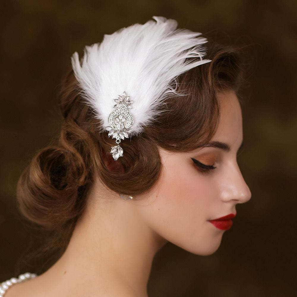 Elegant Vintage Rhinestone Feather Comb Headpiece