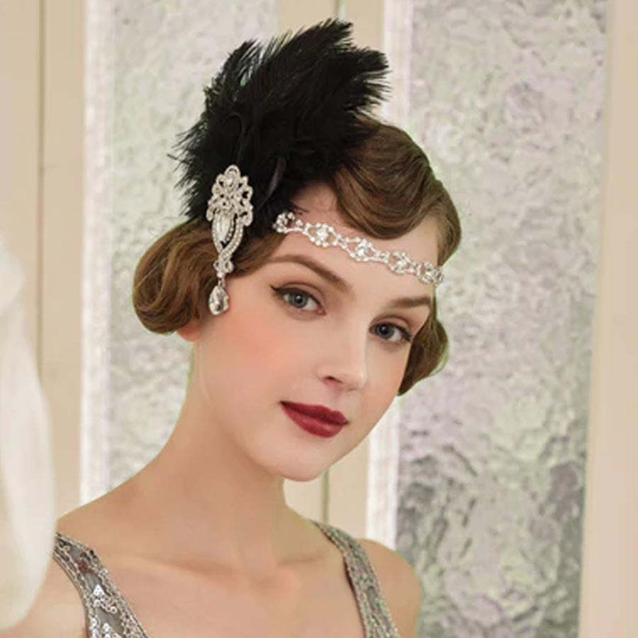 Exquisite Vintage 1920s Rhinestone Hairband with Feather