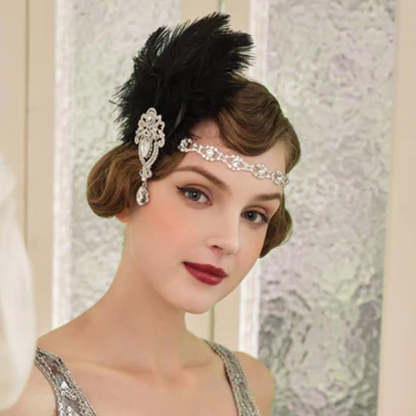 Exquisite Vintage 1920s Rhinestone Hairband with Feather
