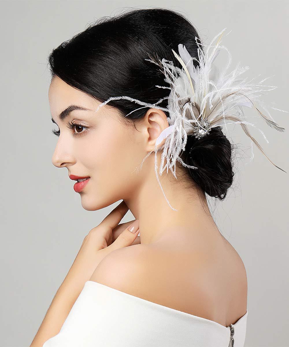 Elegant White Vintage Feather Fascinator with Crystal for Weddings