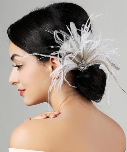 Elegant White Vintage Feather Fascinator with Crystal for Weddings