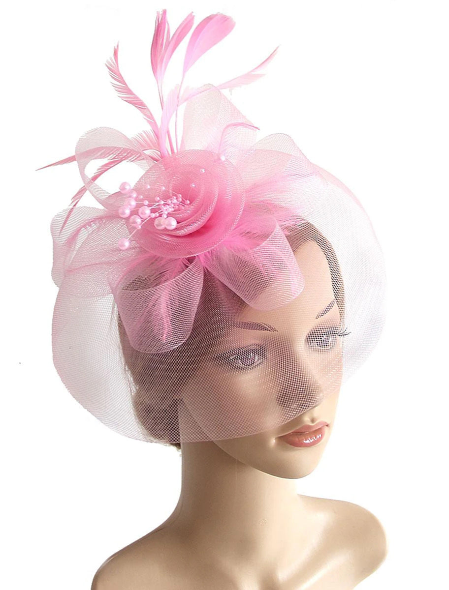 Feather Veil Hat with Bow for Cocktail Parties - Vintage Organza Horse Race Headpiece