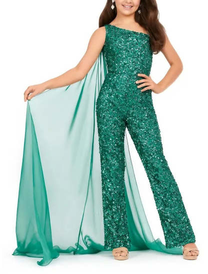 Girls' Sequined One-Shoulder Jumpsuit with Watteau Train and No Sleeves