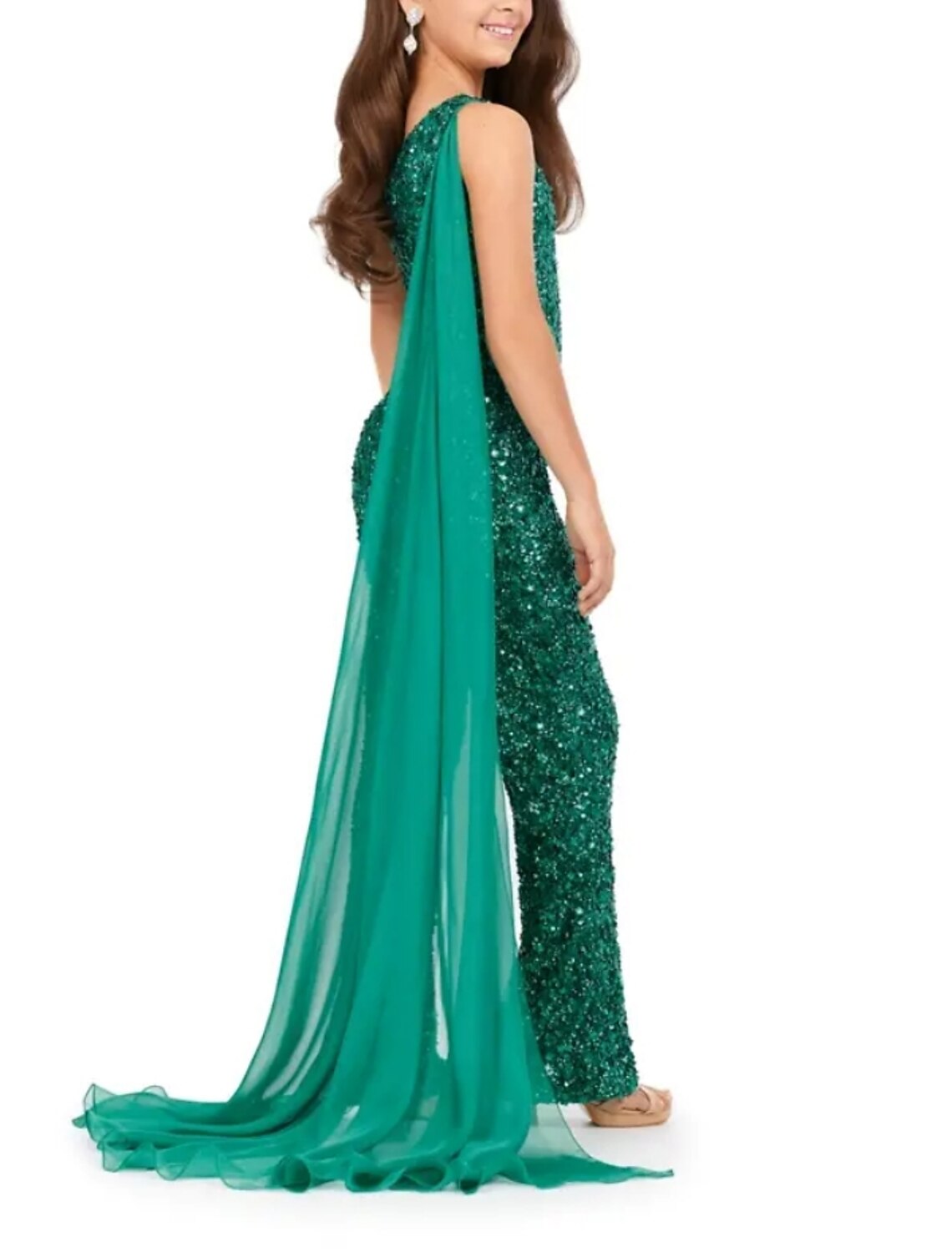 Girls' Sequined One-Shoulder Jumpsuit with Watteau Train and No Sleeves