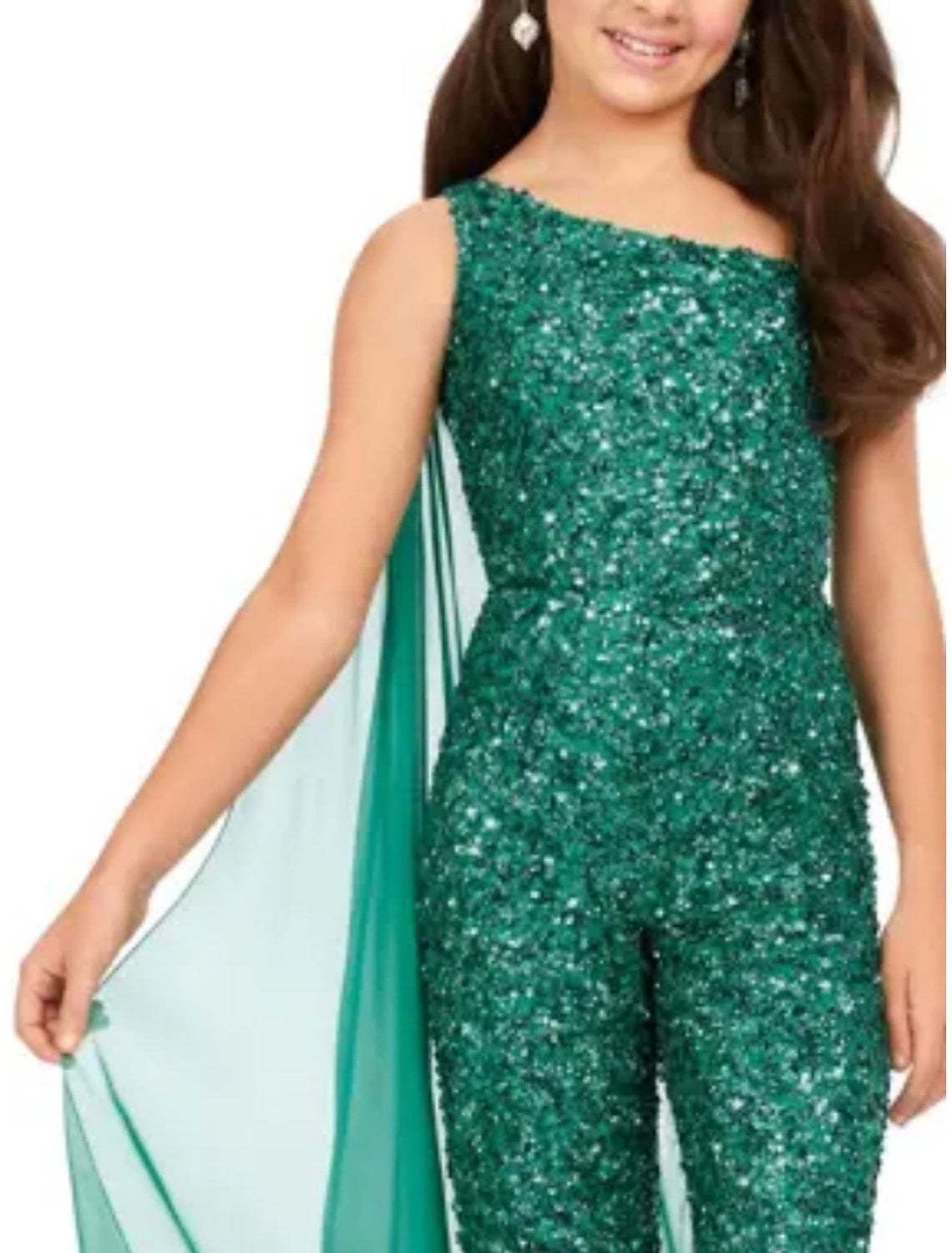 Girls' Sequined One-Shoulder Jumpsuit with Watteau Train and No Sleeves