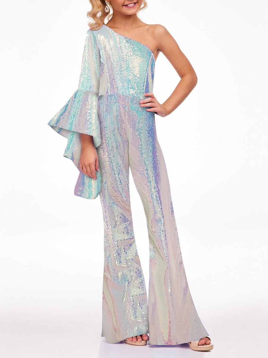 Rainbow Unicorn Jumpsuit for Girls with One Shoulder