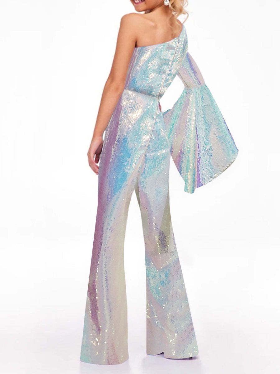 Rainbow Unicorn Jumpsuit for Girls with One Shoulder