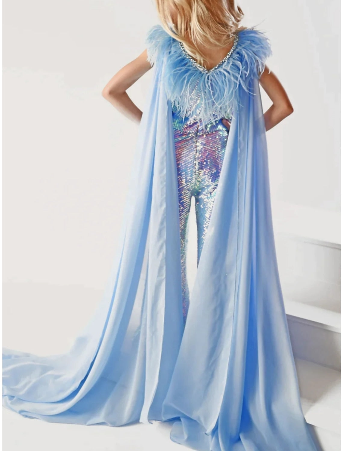 Girls' Rainbow Unicorn V-Neck Sleeveless Jumpsuit Featuring Feather and Watteau Train