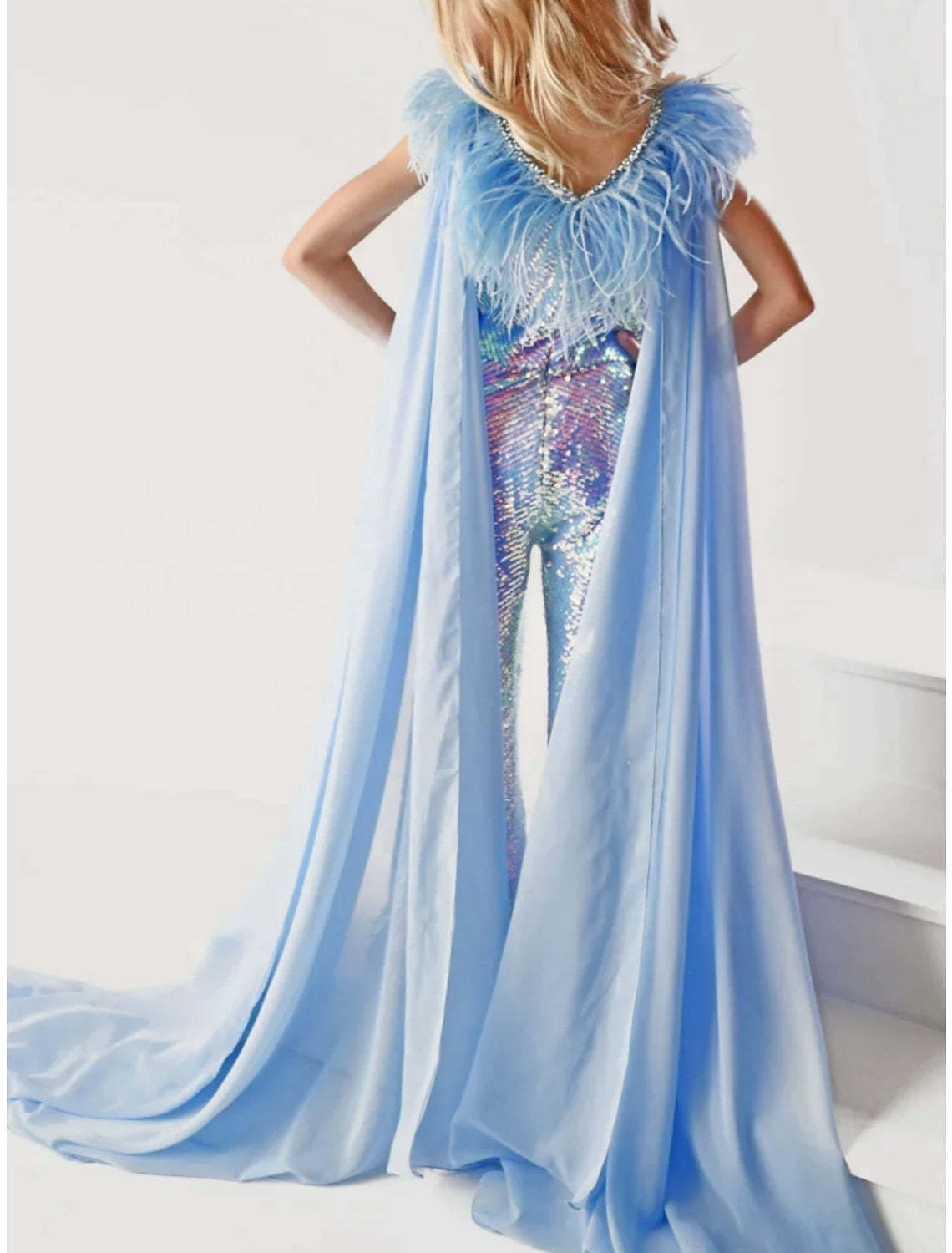 Girls' Rainbow Unicorn V-Neck Sleeveless Jumpsuit Featuring Feather and Watteau Train