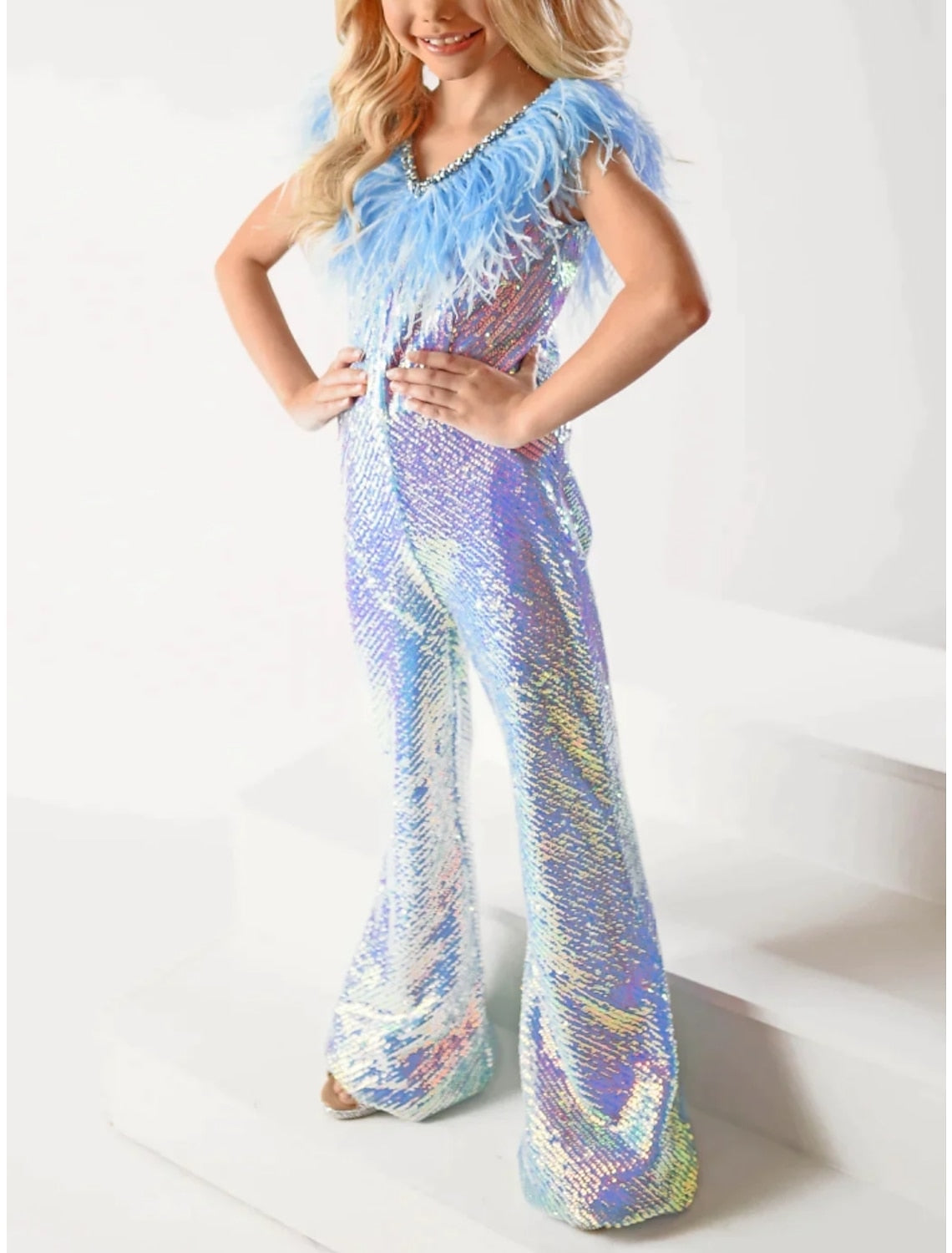 Girls' Rainbow Unicorn V-Neck Sleeveless Jumpsuit Featuring Feather and Watteau Train