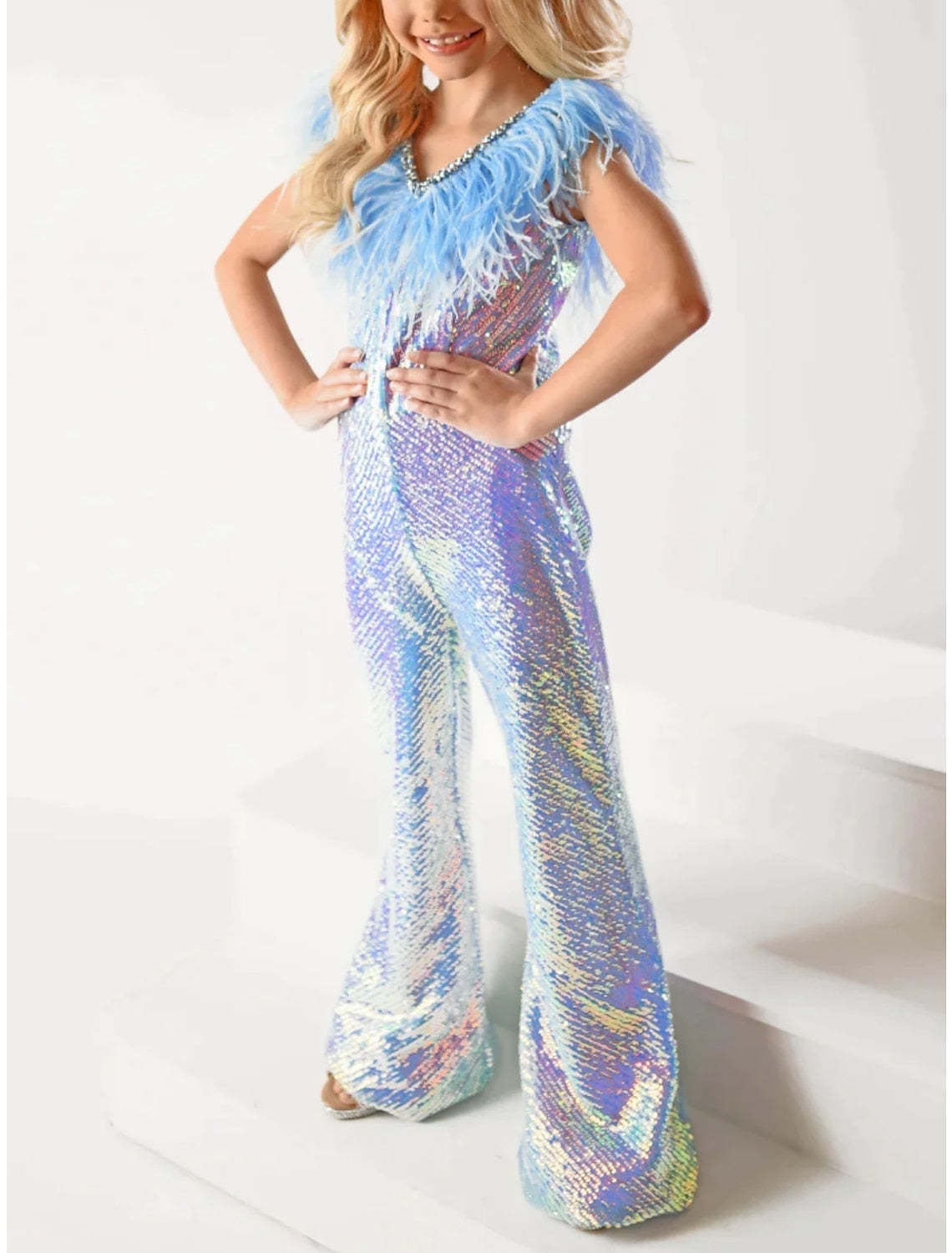 Girls' Rainbow Unicorn V-Neck Sleeveless Jumpsuit Featuring Feather and Watteau Train