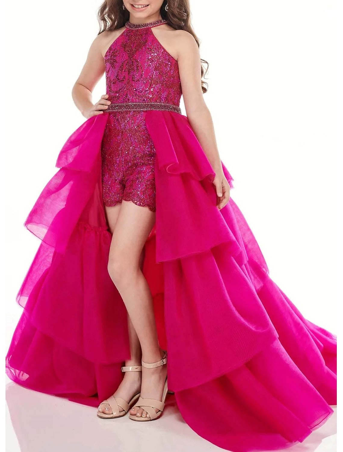 Asymmetrical Halter Jumpsuits for Girls with Sequins and Beading