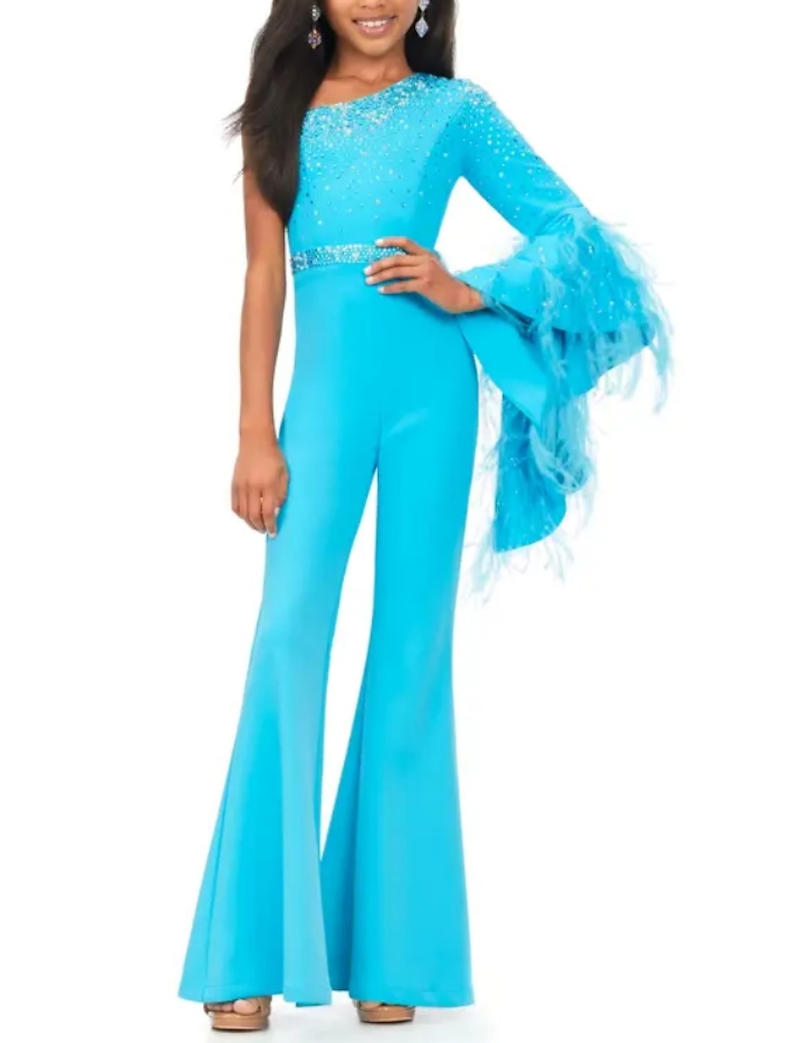 Sequined and Feathered One-Shoulder Jumpsuit for Party Girls