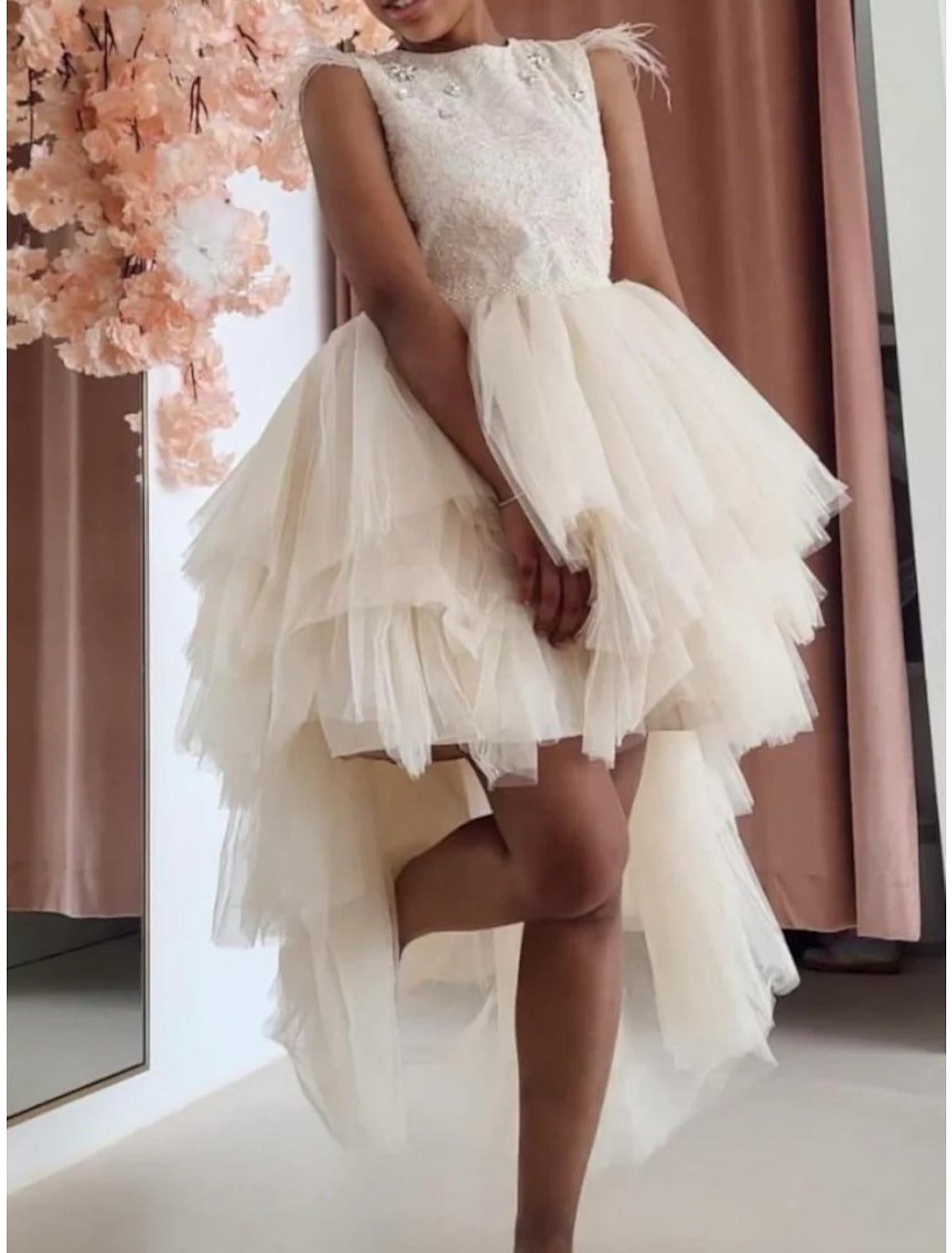 Asymmetrical High-Low A-Line Princess Flower Girl Dress with Beading and Feather