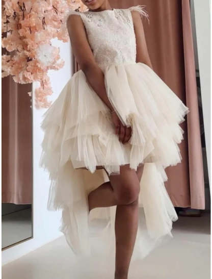 Asymmetrical High-Low A-Line Princess Flower Girl Dress with Beading and Feather