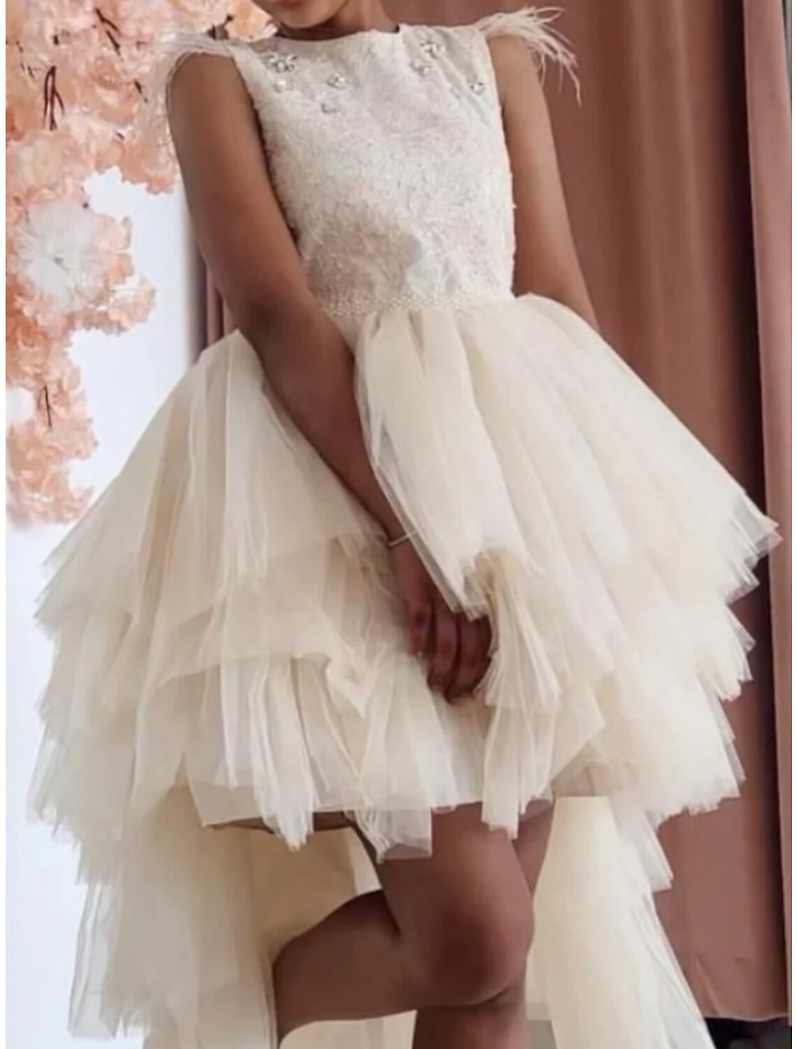 Asymmetrical High-Low A-Line Princess Flower Girl Dress with Beading and Feather