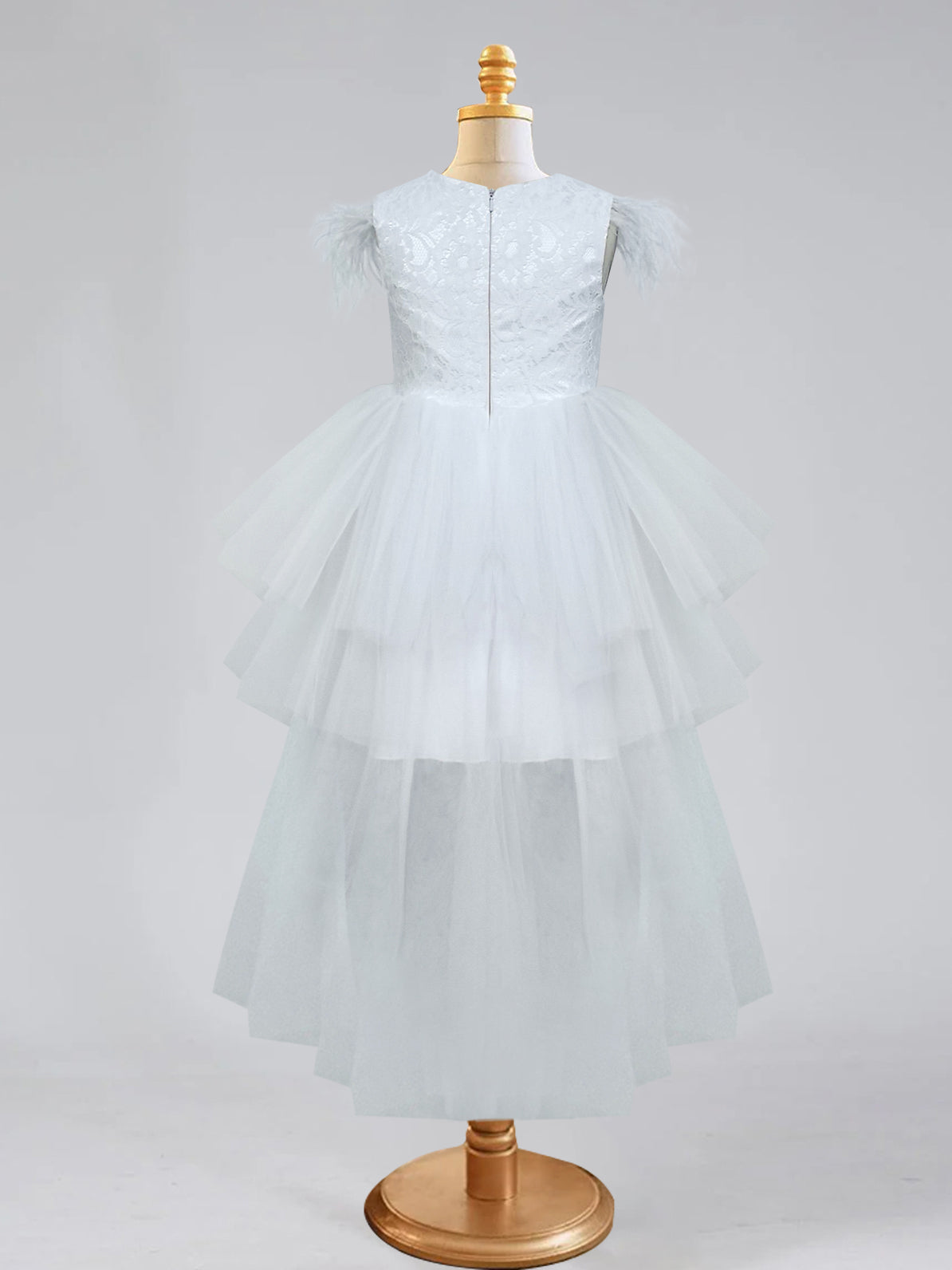 Asymmetrical High-Low A-Line Princess Flower Girl Dress with Beading and Feather
